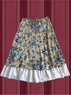 White Stag Olive Floral Maxi Skirt with White Eyelet Ruffle